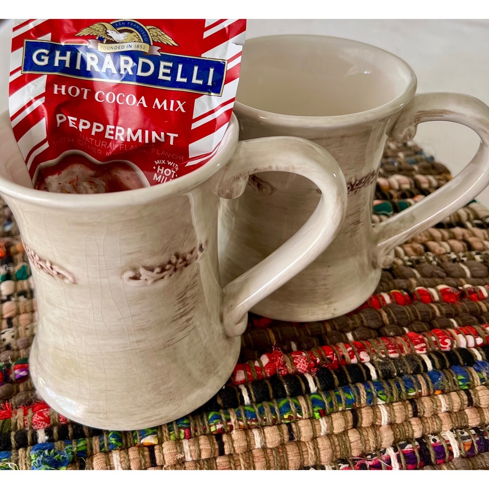 Bistro Ceramic Set of 2 Cream Distressed Coffee Mugs excellent fall decorations